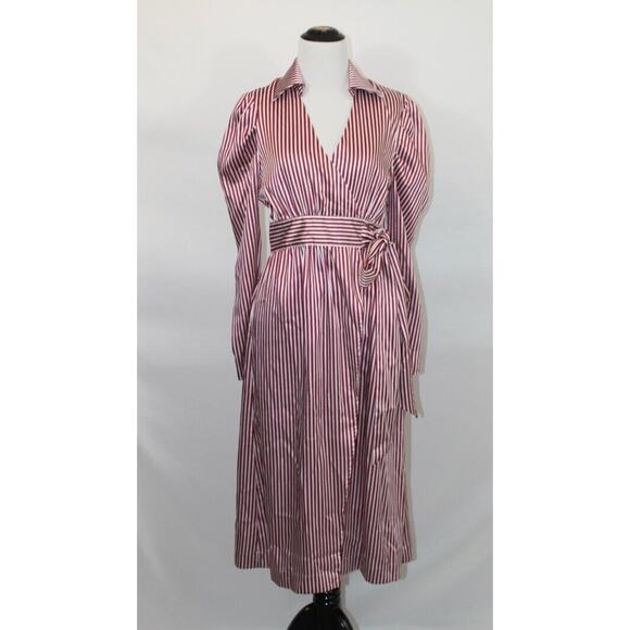 MISHA COLLECTION Sz 4 US Plum Stripe Satin Long Slv Puff Shoulder Wrap Dress NWT - Picture 7 of 7